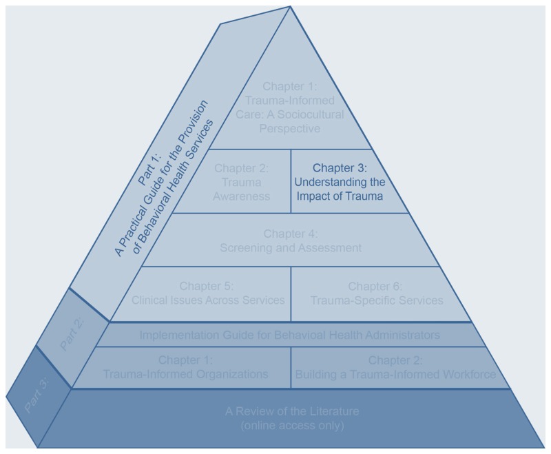 Graphic: A three-dimensional pyramid divided into ten sections with text inside each section. All but two sections are greyed out. The visible text along the long side of the pyramid reads “Part 1: A Practical Guide for the Provision of Behavioral Health Services”. The visible text in the right section just below the top of the pyramid reads “Chapter 3: Understanding the Impact of Trauma”.