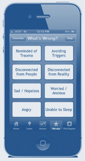 Picture: Screenshot of a smartphone with the “What's Wrong” page of the PTSD Coach application featured.