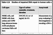 Table 4.14. Studies of impaired DNA repair in human cells exposed to carbon nanotubes in vitro.