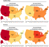 Four colored maps that show the rate per 100,000 population of opioid- and non-opioid-related inpatient stays and ED visits among patients aged 65+ years by census region and ratio of census region to national rate in 2015. Opioid-related inpatient stays: national rate = 268; West, rate = 370, ratio to national rate ?1.2; Midwest, rate = 254, ratio to national rate 0.90-0.99; South, rate = 228, ratio to national rate 0.80-0.89; Northeast, 244, ratio to national rate 0.90-0.99. Non-opioid-related inpatient stays: national rate = 26,992; West, rate = 22,200, ratio to national rate 0.80-0.89; Midwest, rate = 28,935, ratio to national rate 1.00-1.09; South, rate = 28,025, ratio to national rate 1.00-1.09; Northeast, 28,203, ratio to national rate 1.00-1.09. Opioid-related ED visits: national rate = 78; West, rate = 126, ratio to national rate ?1.2; Midwest, rate = 72, ratio to national rate 0.90-0.99; South, rate = 67, ratio to national rate 0.80-0.89; Northeast, 51, ratio to national rate <0.80. Non-opioid-related ED visits: national rate = 37.930; West, rate = 36,183, ratio to national rate 0.90-0.99; Midwest, rate = 41,976, ratio to national rate 1.10-1.19; South, rate = 38,554, ratio to national rate 1.00-1.09; Northeast, 34,010, ratio to national rate 0.90-0.99.
