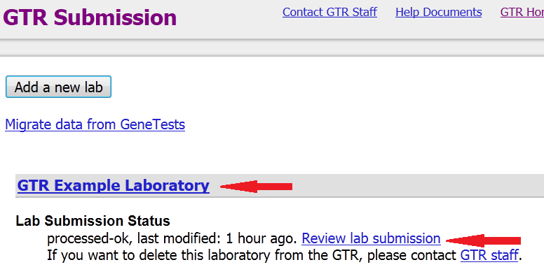 Image indicating where to click to review lab submission or go to a lab record