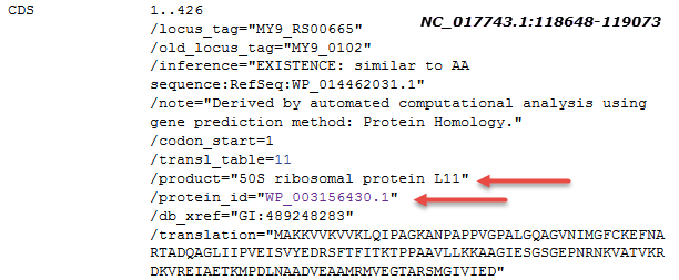Image of CDS feature for 50S ribosomal protein L11 as annotated on NC_017743.1. The CDS cross-references nonredundant protein WP_003156430.1.