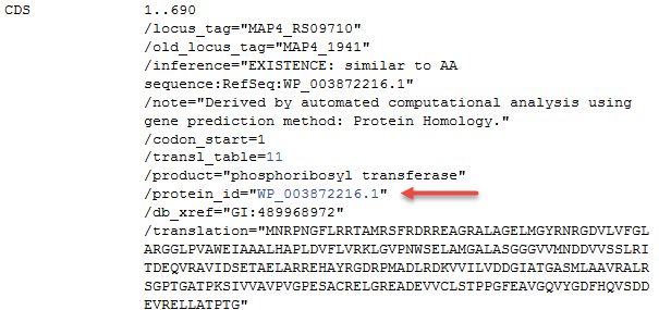 Image illustrating a CDS feature annotated on NC_021200.1 which cross-references non-redundant RefSeq protein accession WP_003872216.1