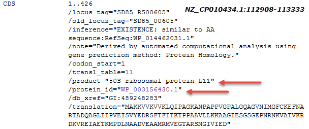 Image of CDS feature for 50S ribosomal protein L11 as annotated on NZ_CP010434.1. The CDS cross-references nonredundant protein WP_003156430.1