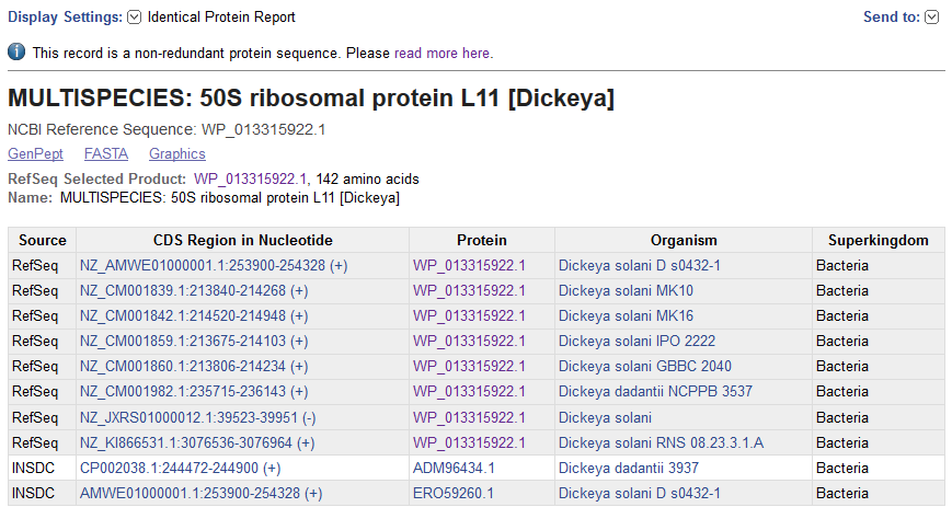 Image of the Identical protein report page for non-redundant RefSeq protein WP_013315922.1
