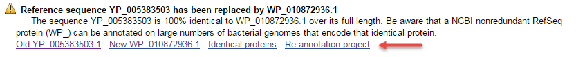 Image of informative message added to suppressed bacterial YP/NP accessions. 