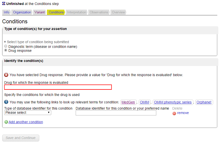 image of options provided in ClinVar submission wizard when drug response is selected on the Conditions tab