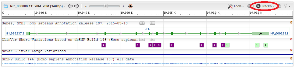 Sequence Viewer, highlighting the Tracks button used for configuration